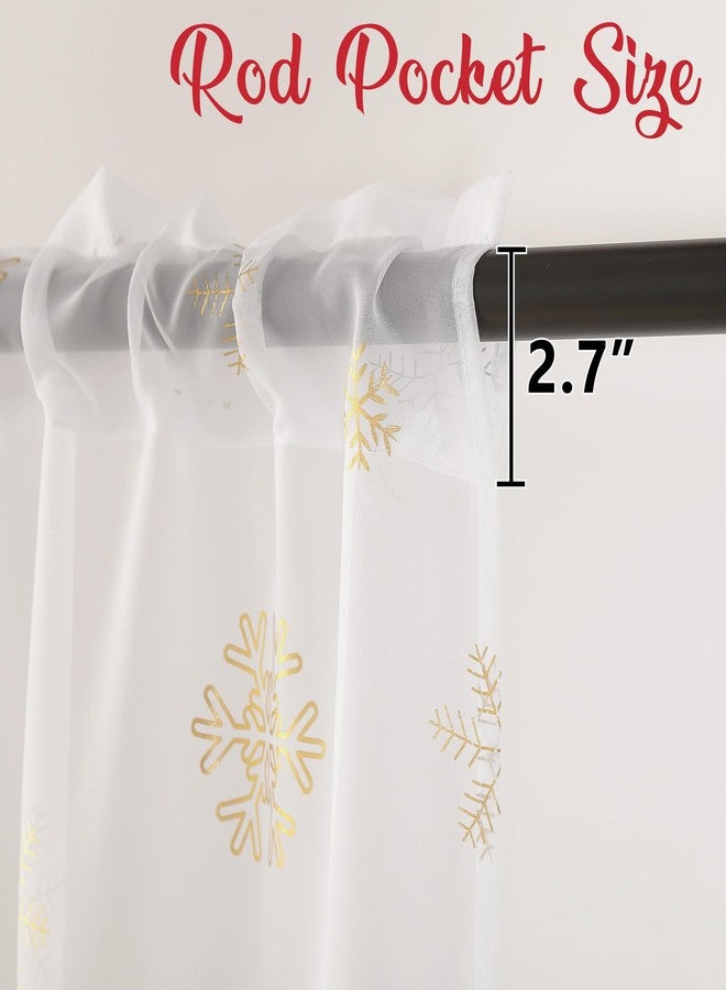 MikiUp Christmas Snowflakes Sheer Curtains, Gold Foil Printed Semi Sheer Drapes, Rod Pocket Xmas Decoration Window Treatment Panels for Bedroom Living Room, White 52 x 63 inch - Image 5